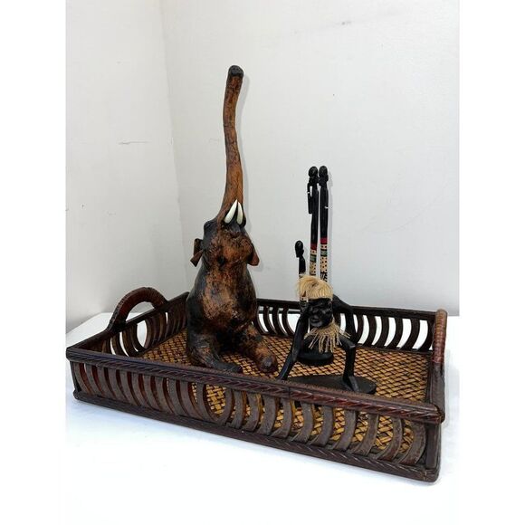 Tribal Elephant Home Decor Brown Wooden Figurine Bundle - Picture 1 of 12